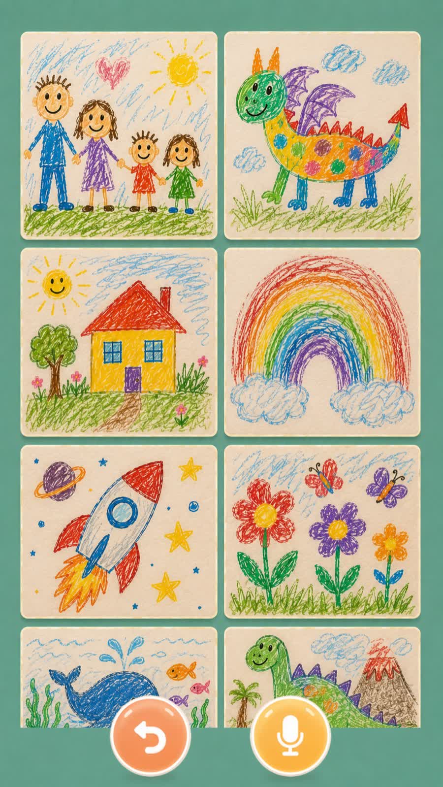 孩子收藏的家庭、恐龙、房子、彩虹、火箭、花朵和海洋画作合集